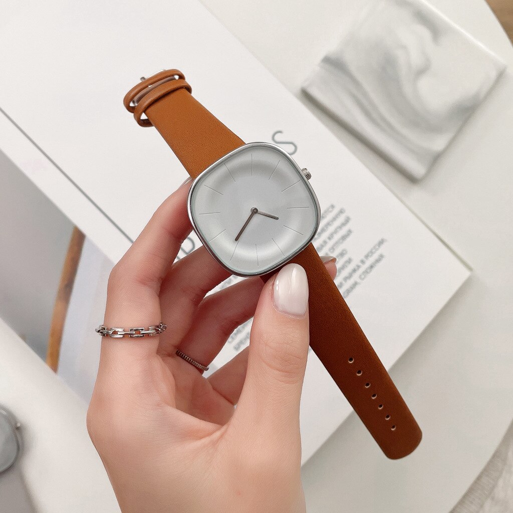 Minimalistisk klocka dam casual quartz damklockor kvinnlig klocka läder relogio feminino часы женские: Brun