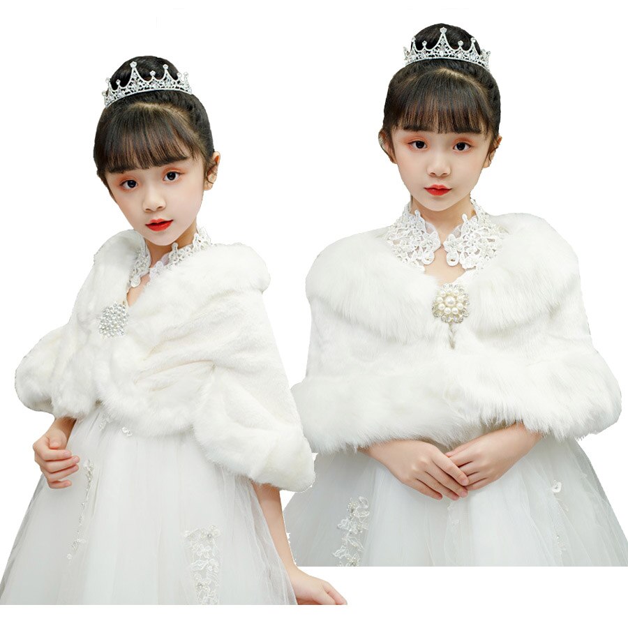 Kids Prinses Dikker Pluche Wraps Sjaal Bloem Meisjes Ivoor Wit Bolero Bolero Cape Wedding Verjaardagsfeestje Diamanten Broche Jas