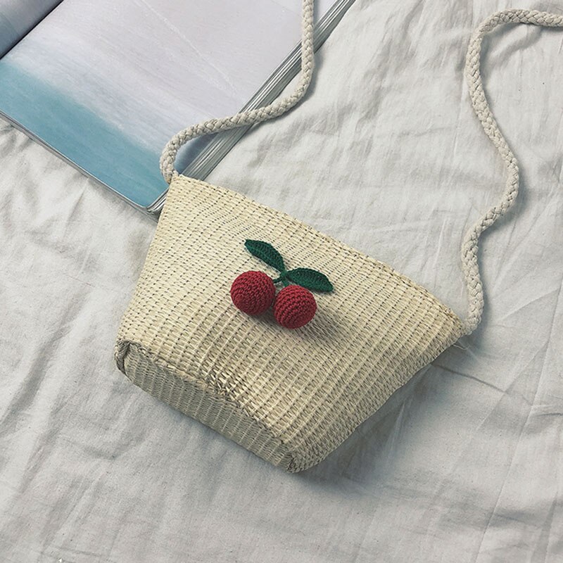 Stro Vrouw Zak met Cherry schoudertassen Strand Meisjes Kleine Messenger Rotan Zakken Schouder Rieten Tassen