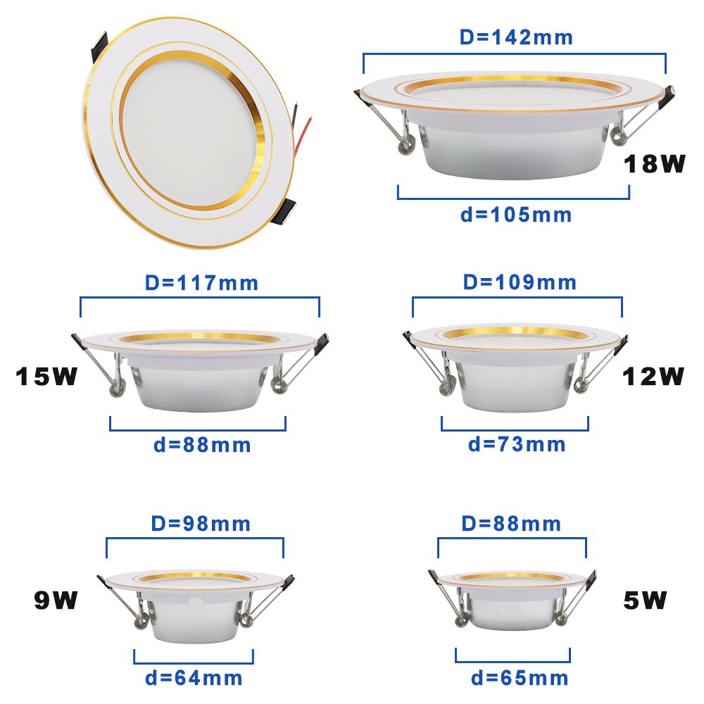 AC 220V LED Downlight Gouden Zilveren Plafondlamp Ronde Verzonken 5W 9W 12W 15W 18W Led Lamp Wit/Warm wit LED Down Lamp