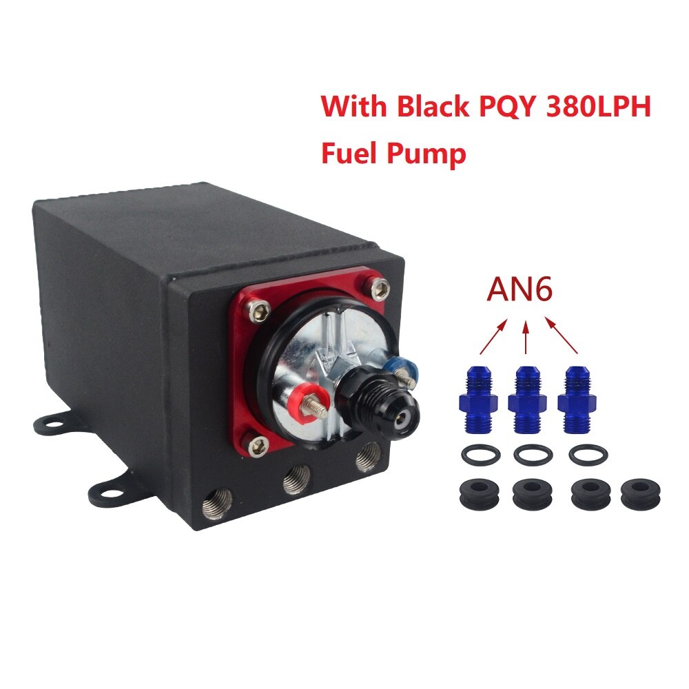Single Fuel Pump Surge Tank Oil Catch Can Compatible with 044 Fuel Pump or 380 LPH Black PQY Fuel Pump With Different Fittings: AN6 Black fuel pump