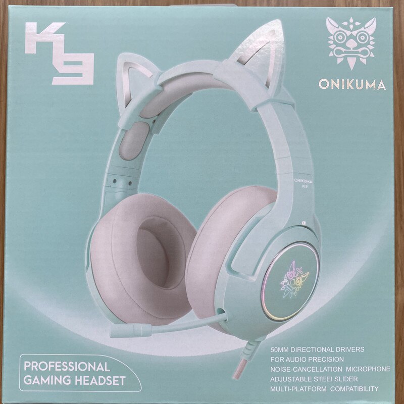 Product K9 Pink Cat Ear Cute Girl Gaming Headset With Mic ENC Noise Reduction HiFi 7.1 Channel RGB Wired Headphone: green 3.5mm with box
