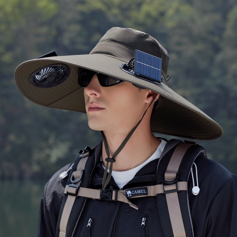 Sombrero de verano con doble ventilador con energía solar para senderismo al aire libre, pesca, sombrero con sombrilla, sombrero de pescador impermeable de secado rápido con alero grande: Verde militar