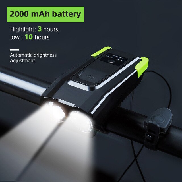 JOSHOCk 2000mAh 4000mAh Bicycle Light With Horn USB Rechargeable 10000 Lumens LED Light For Bike Cycling Lamp With Taillight: 2000mAh Green