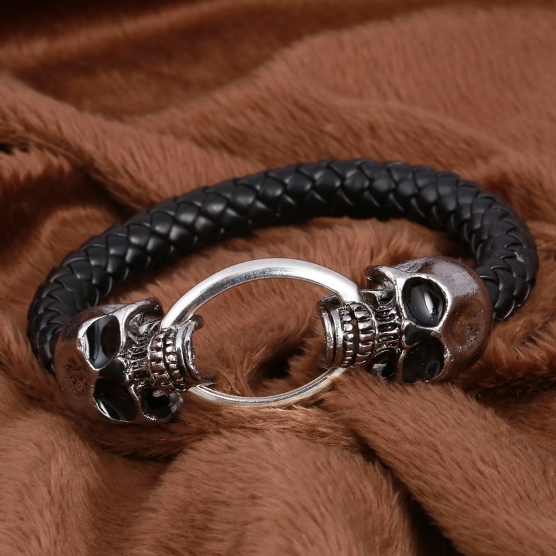 Classical Black Handmade Leather Chain Weaved Man Skull Bracelets Magnet Clasp 316L Stainless Steel Wristband