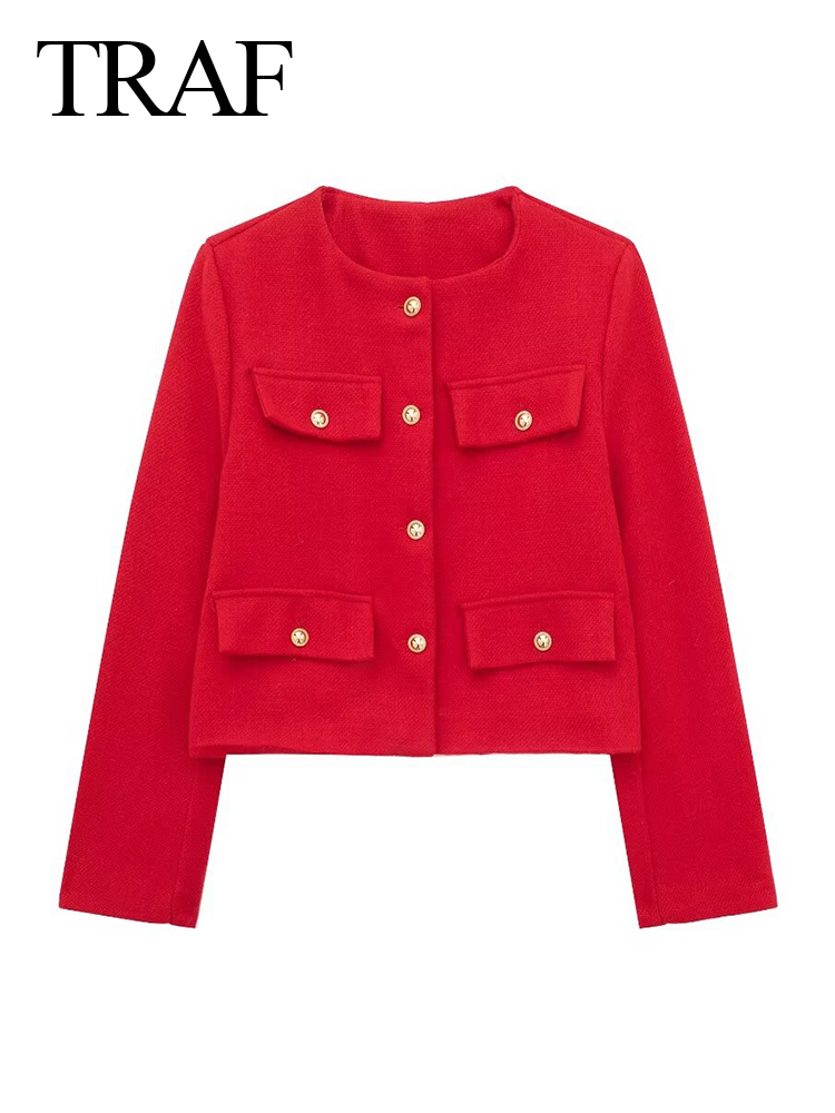 Trafza kvinder bomber cropped jakker dame blazer med gyldne knapper forår dame chic streetwear outwear top