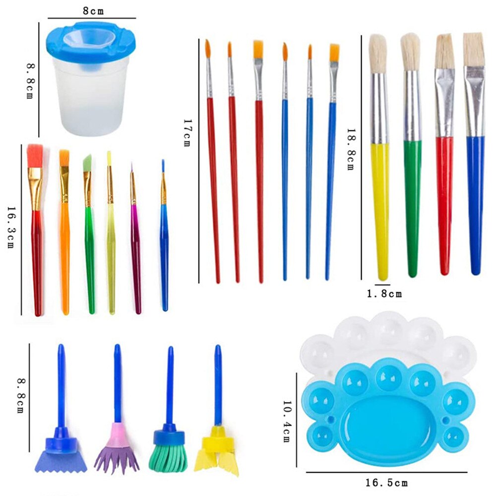 34pcs Kids Paint Supplies Paint Cups Palette Tray Multi Sizes Paint Pen Brushes Set School Art Party Kids