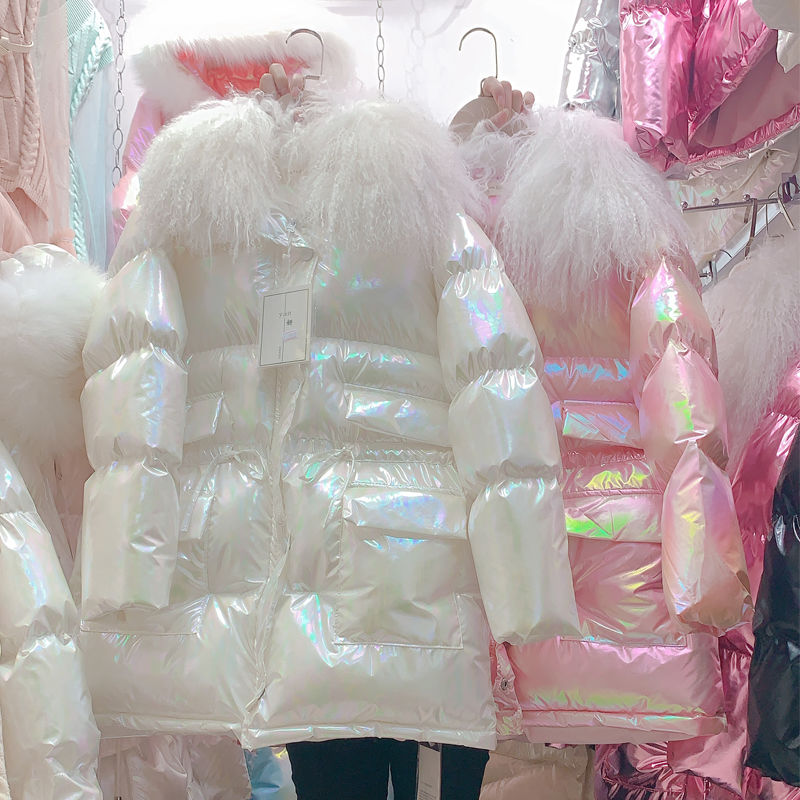 Winterjas dames glanzende katoenen jas imitatiewol kraag kleurrijke brood warme jas vrouwelijke koreaanse losse jassen parka jas