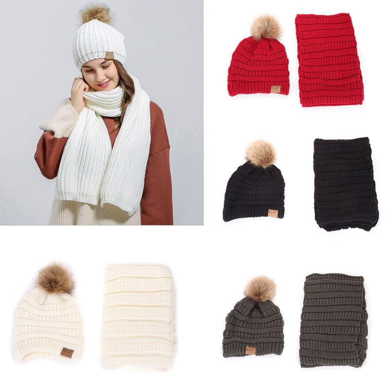 vrouwen Solid Warm Winter Knit Beanie Hat + Sjaal Haak Ski 2 stks