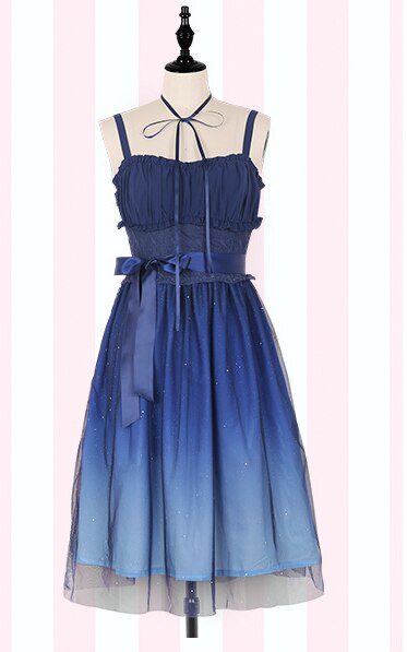 JSK Shinning Stars Lolita Dress Gradient JSK Star Blue Girls Solid Fancy Dress Lace Ruched Pleated Dress With Shirt Set: only short dress / S