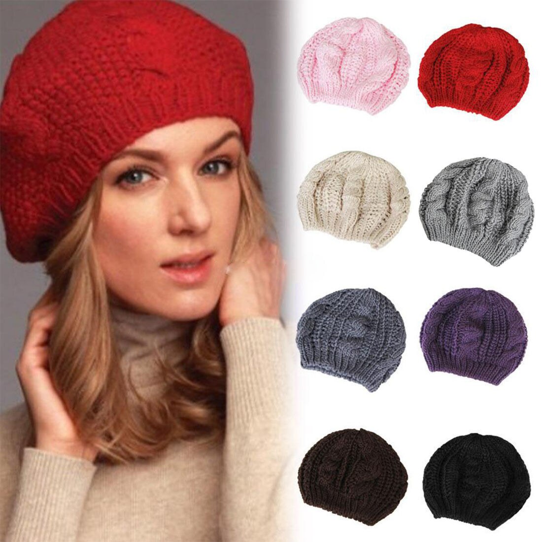 Beret Braided Hats Baggy Beanie Crochet Warm Winter Hat Ski Cap Wool Knitted Caps Women Lady Hats