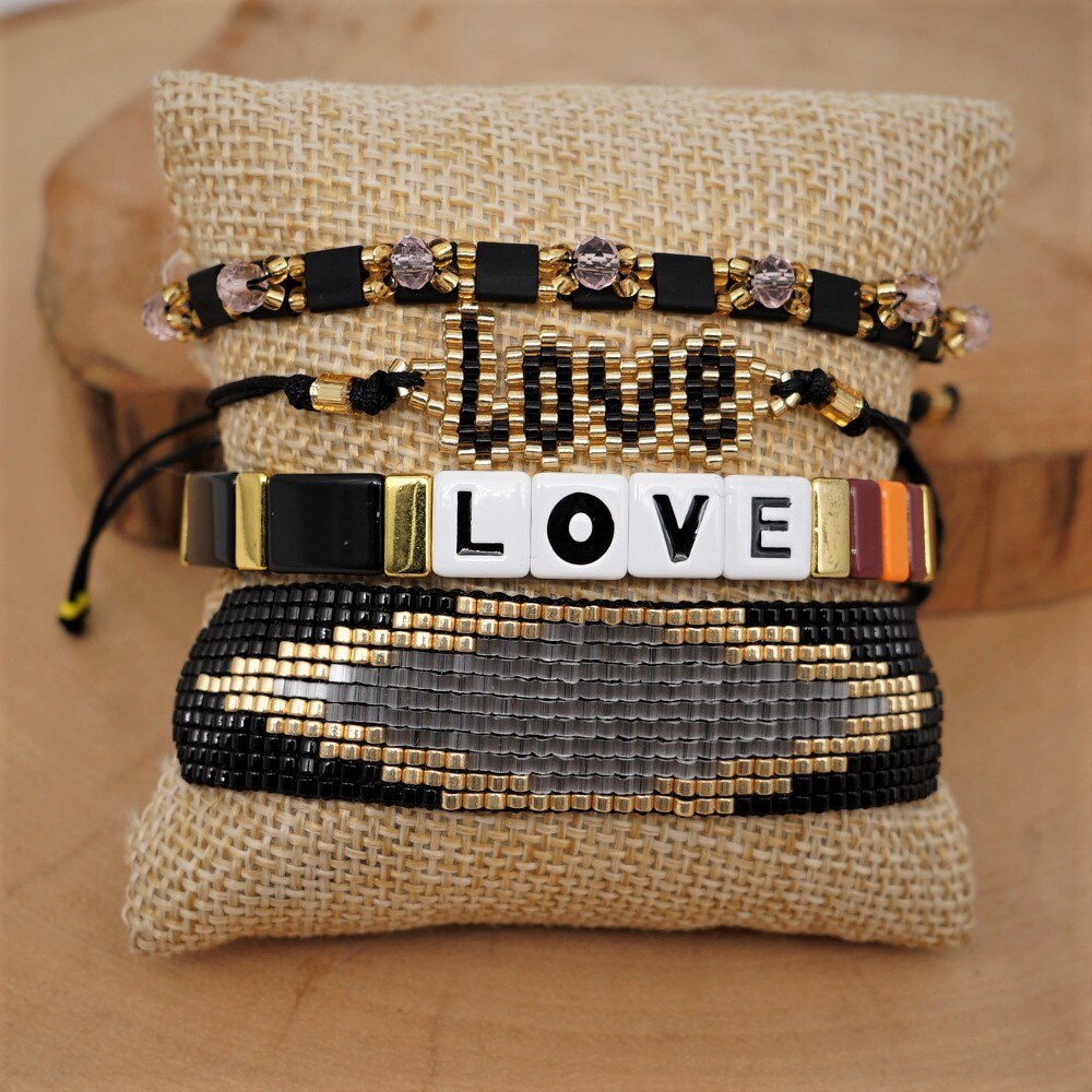 ZHONGVI Tile Bracelet For Women LOVE Letter Pulseras Mujer Moda Black Heart Jewelry Enamel Beads Boho Handmade: set