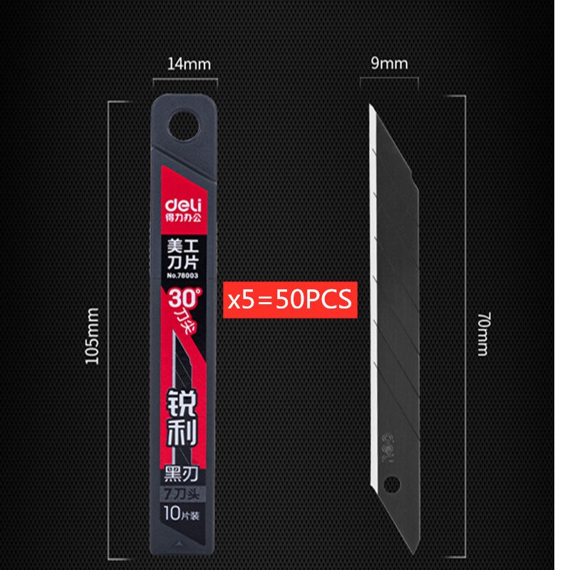 50PCS Deli black art knife small blade express box opener 30 degree wallpaper knife tip art blade: 50pcs pointed blade