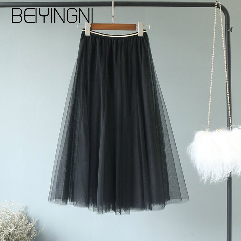 Beiyingni tyllkjolar dam mesh elastisk midja 4 färger tutu kjol söt kpop brudtärnor veckade kjolar falda saia midi