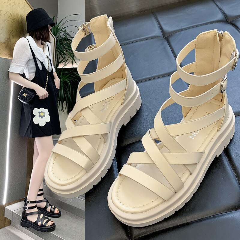 Sandalias romanas con cremallera y parte trasera plana para Mujer, calzado informal De suela gruesa, calado alto, novedad