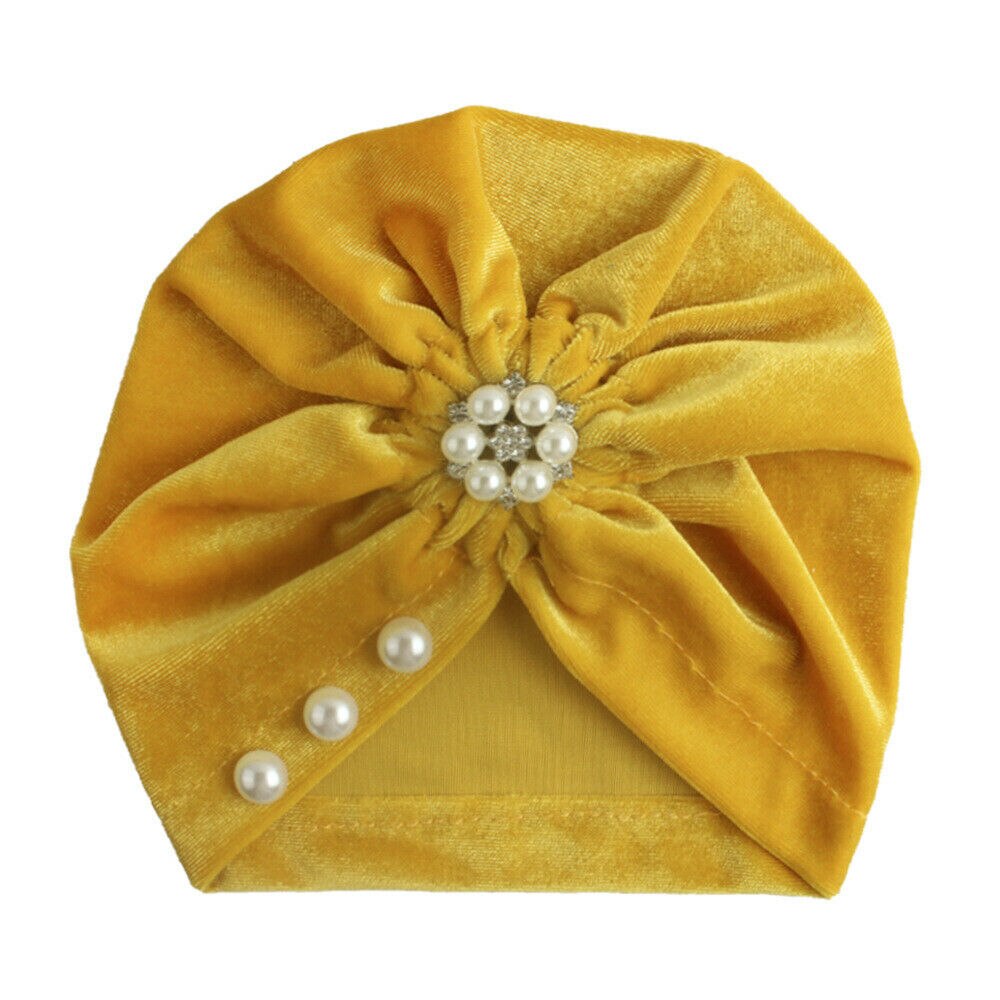 18 farben Kleinkind Baby Mädchen Jungen Hüte Turban Blume Kopf wickeln Kleinkind Mütze Hütte Warme Kappe Stirnband: Perle Gelb