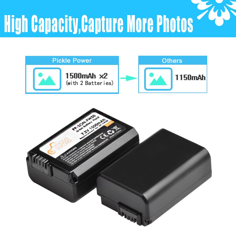 Batería NP-FW50 NP FW50 de 1500mAh y cargador Dual LCD para Sony Alpha a6500, a6300, a6000, a5000, a3000, NEX-3, a7R