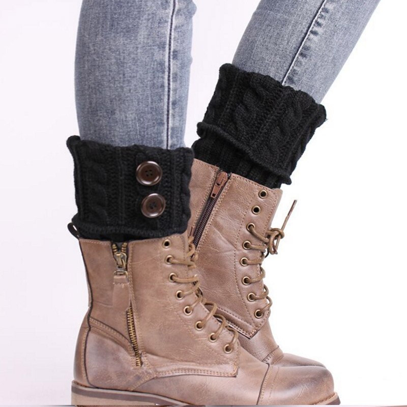 Dobbelt knap kabel strikket støvle manchet korte benvarmer kvinders boot sokker strikket twist støvler tilbehør: Sort