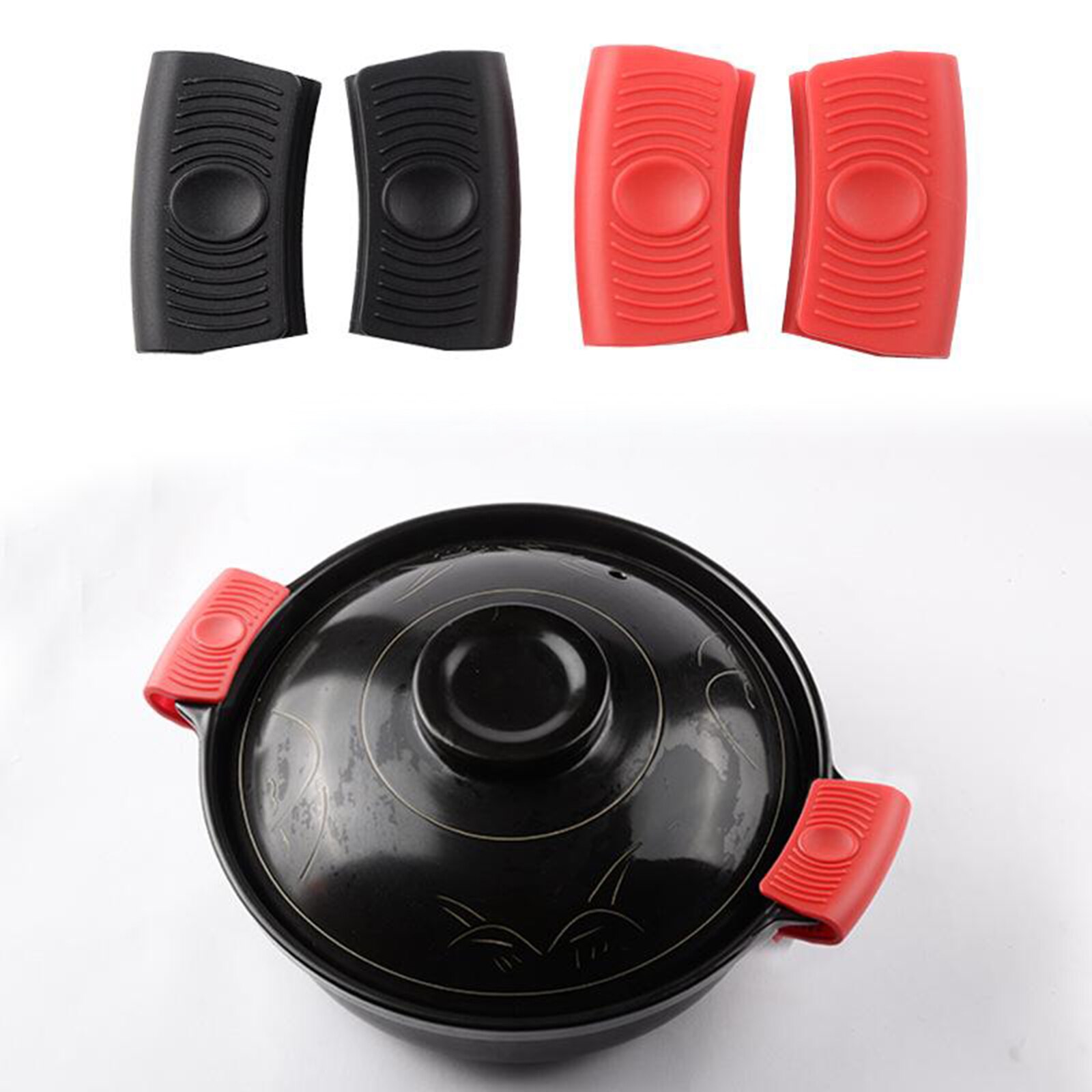 4 Poignées De Casserole Anti-Chaud En Silicone - Manchons De Protection Pour Poêles En Fonte - Rouge Et Noir - Résiste Jusqu'à 230°C