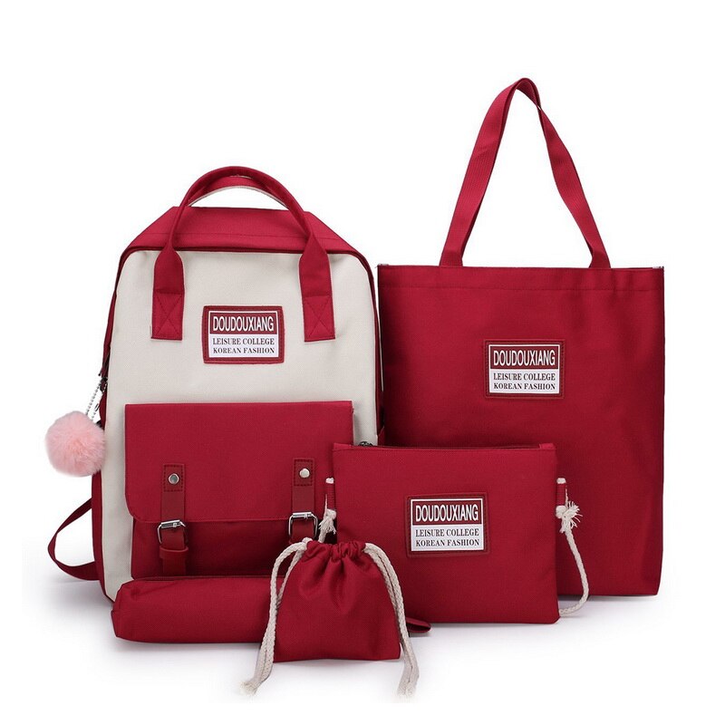 5 pçs/set mulheres mochilas escolares lona saco de escola para adolescentes meninas estudante de alta qualidade mochilas de viagem do sexo feminino sacos de livro: Red