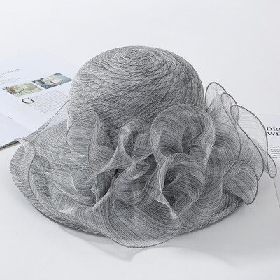 Ploermin Organza Zon Hoeden Vrouwen Bloem Zomer Bruiloft Caps Vrouwelijke Elegante Bloemen Uv Kerk Hoeden Mode: gray