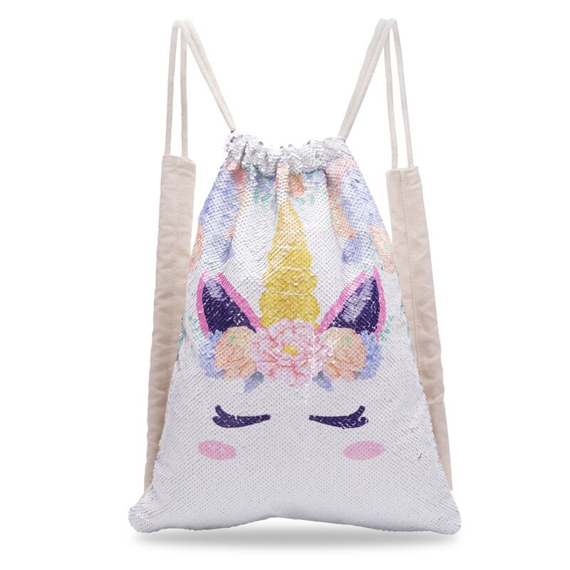 Outdoor Unicorn Drawstring Backpack Girls Sequin Patch Bags Cotton Shopping Soft Bag Travel Beach Backpack: silver