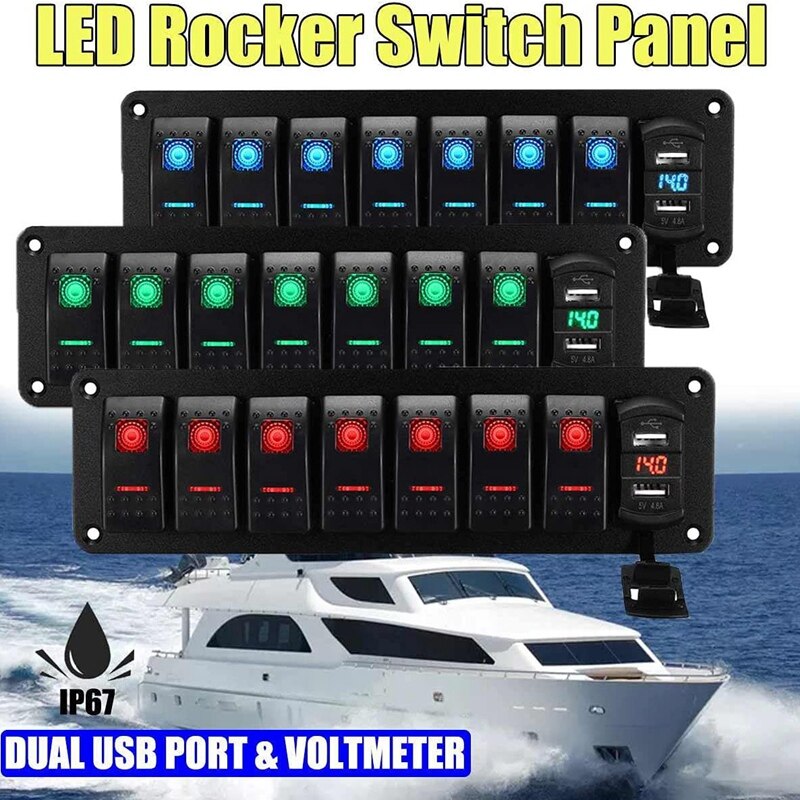 Car Waterproof Marine Boat Rocker Switch Panel 8 Gang 12V/24V Circuit Breaker Dual USB Slots Light Button: Purple