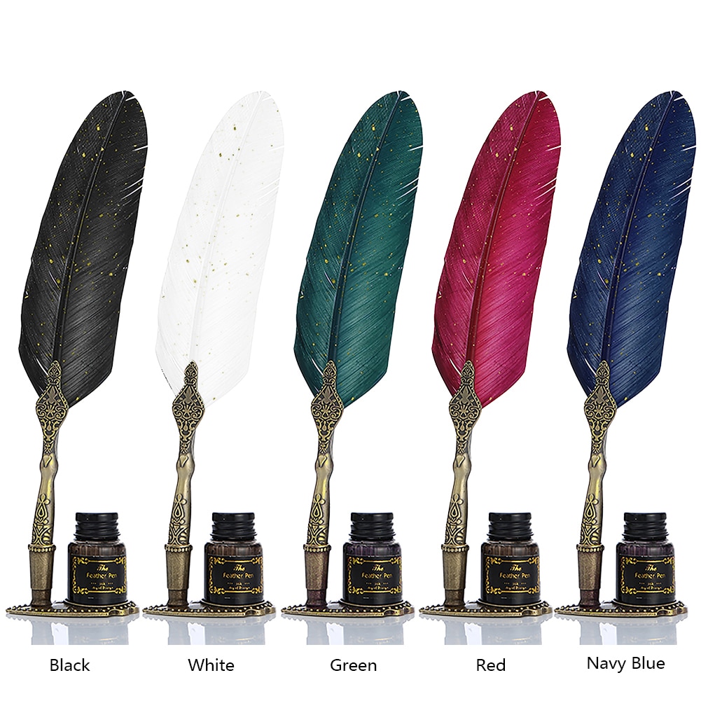 Vintage Calligraphy Feather Dip Pen Pen Handle 2/5 Nib Writing Ink Set Quill Fountain Pen Writing Set Birthday
