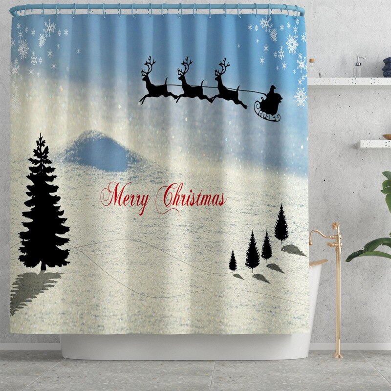 Merry Christmas Shower Curtain Set Bath Mats Rugs Christmas Tree Deer Anti Slip Pads Toilet Cover Bathroom Curtains with Hooks: D Shower Curtains