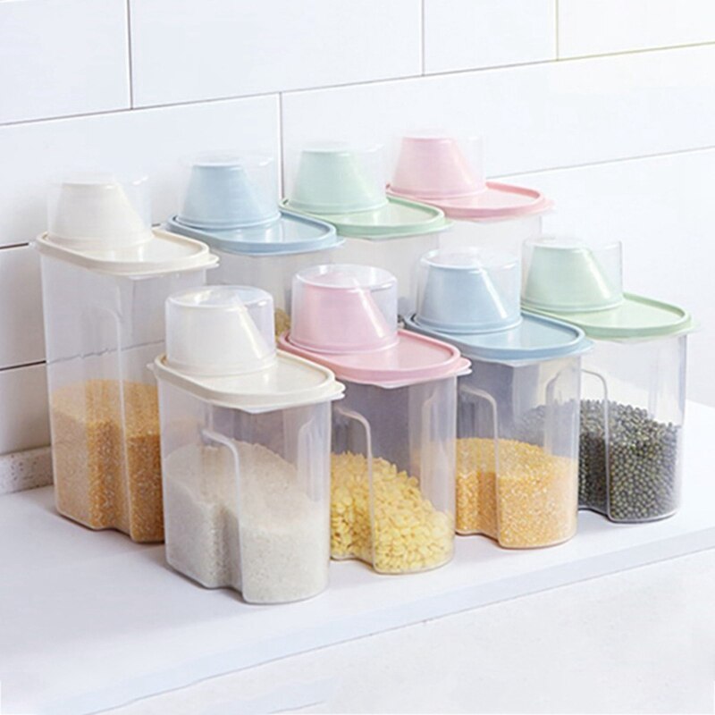 1,9/2.5L dispensador de cereales con caja de almacenamiento con tapa envase de plástico para arroz alimentos sellado tarro latas para cocina grano frutos secos refrigerios