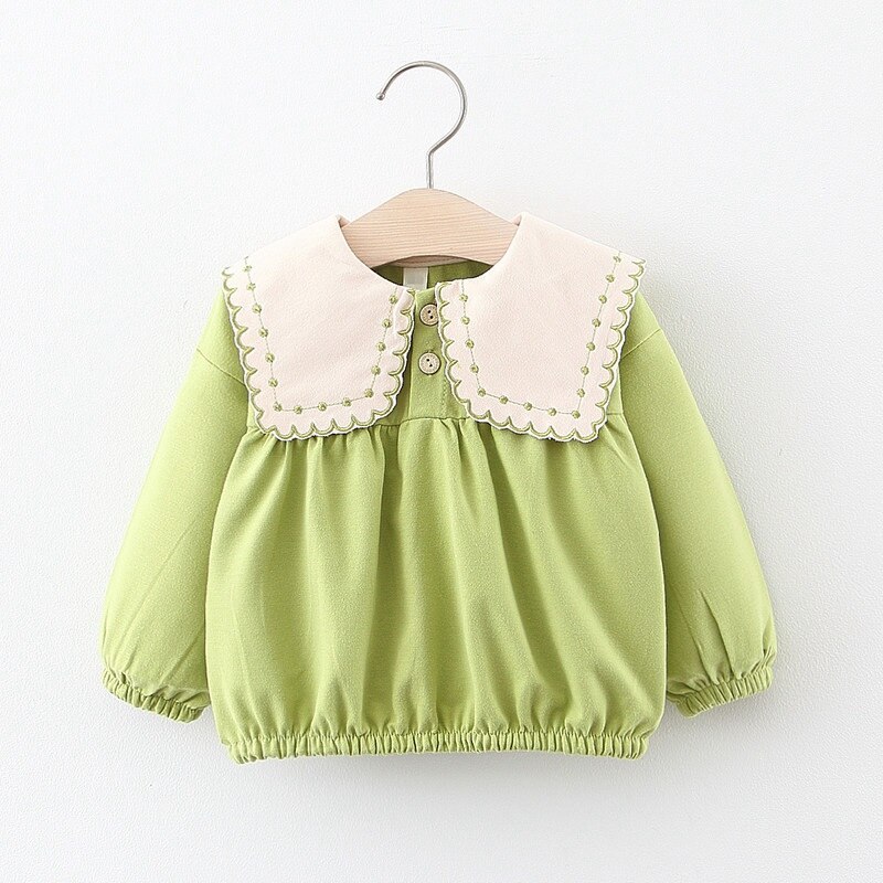 Ragazze Della Molla Del Bambino T-Shirt per Bambini Abbigliamento per Bambini Della Principessa Del Ricamo a Manica Lunga Pullover di Base T-Shirt Tee Magliette E Camicette WT1060: Green / 24M