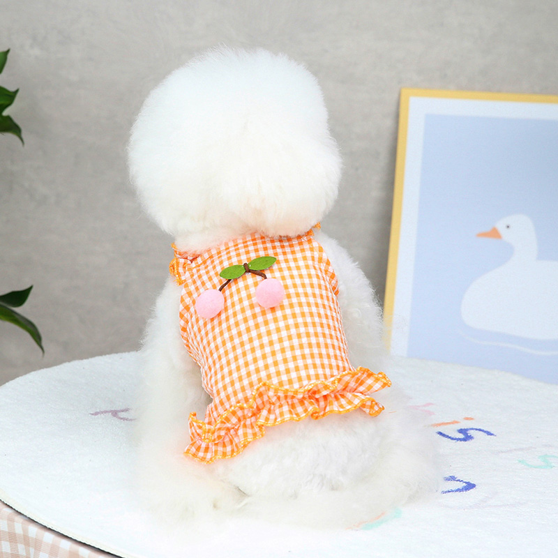 Ropa de verano para perros, vestido de tirantes de cereza a cuadros, falda fina con protector solar para perros pequeños, disfraz de Chihuahua, Bichon, caniche, vestidos para cachorros y mascotas