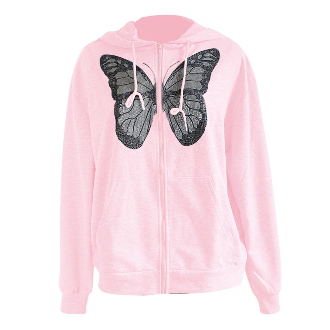 Y2K Oversized Butterfly Graphic Rhinestone Zip Up Hoodies E-girl 90s Streetwear Diamond Grey Long Jacket Autumn Spring