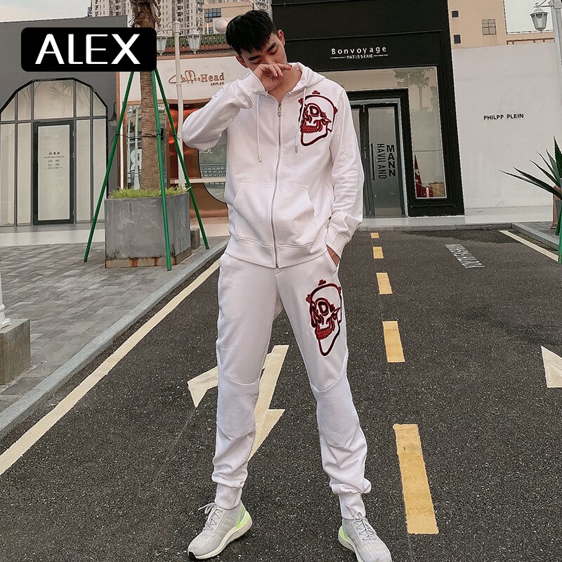 Alex plein joggingbroek met schedelborduursel, trainingsbroek voor heren, streetwear, hiphop trainingspak, joggingsbroeken, herenkleding, sportkleding: Ik / Wit