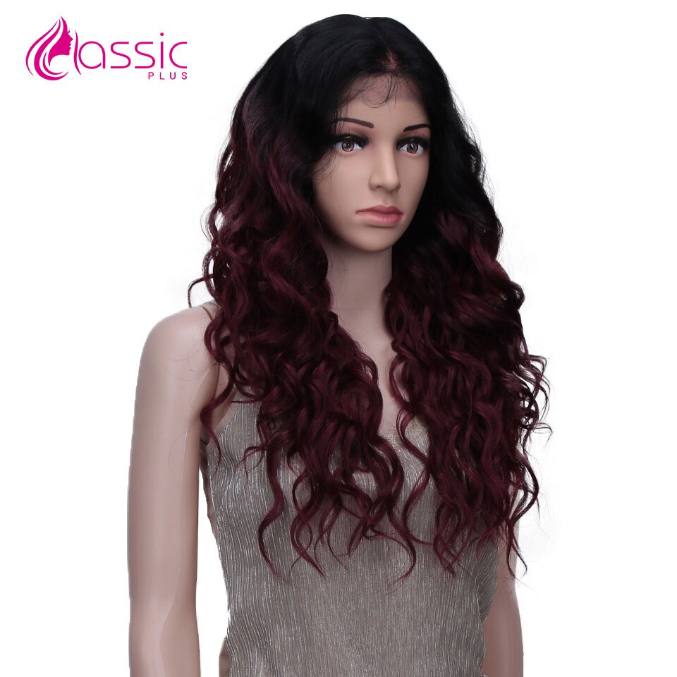 Perruque Lace Wig synthétique ondulée 24 pouces-Classic Plus | Perruque de Cosplay Deep Wave ombré bourgogne brun Blond naturel 13*4 pour femmes noires