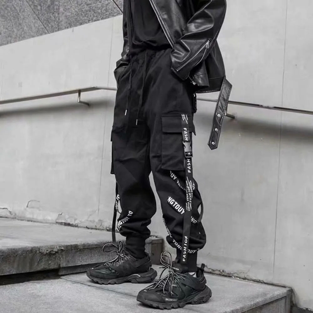 Pantalones Cargo para hombre, pantalones bombachos con cintura elástica y múltiples bolsillos, ropa informal estilo Hip Hop, pantalones de chándal, pantalones pitillo, ropa técnica: XXXL / Negro