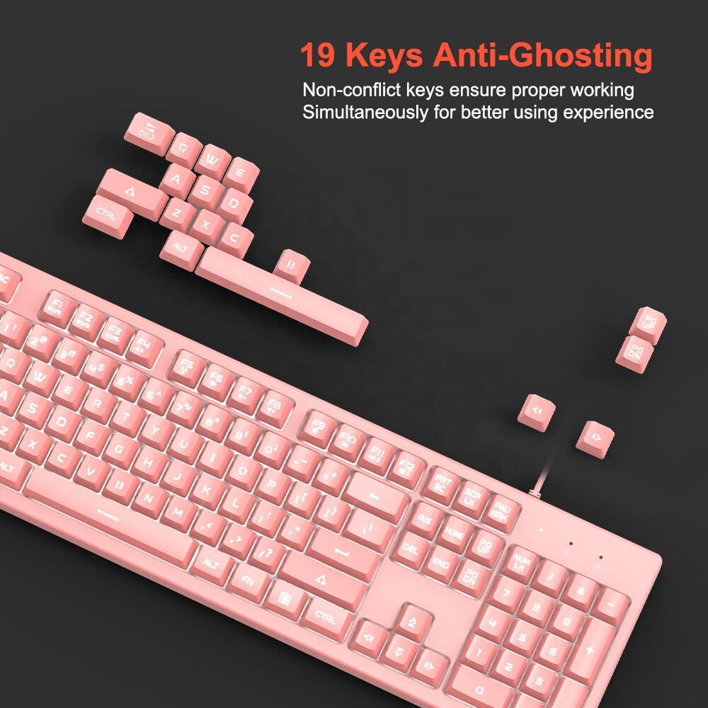 Pink Keyboard and Mouse Set 104 Keys Layout LED Backlit Keyboard 2400DPI RGB Backlit Mouse Microphone with Microphone for PC