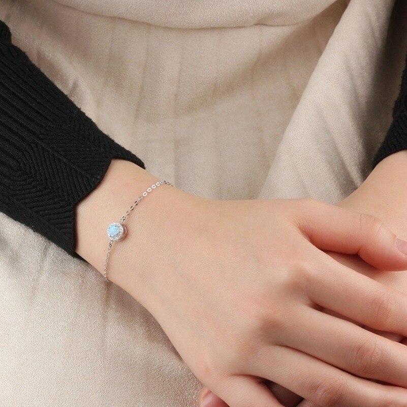 Romantic Round Blue Opal Chain Bracelets Women Cubic Zirconia Fine Jewelry