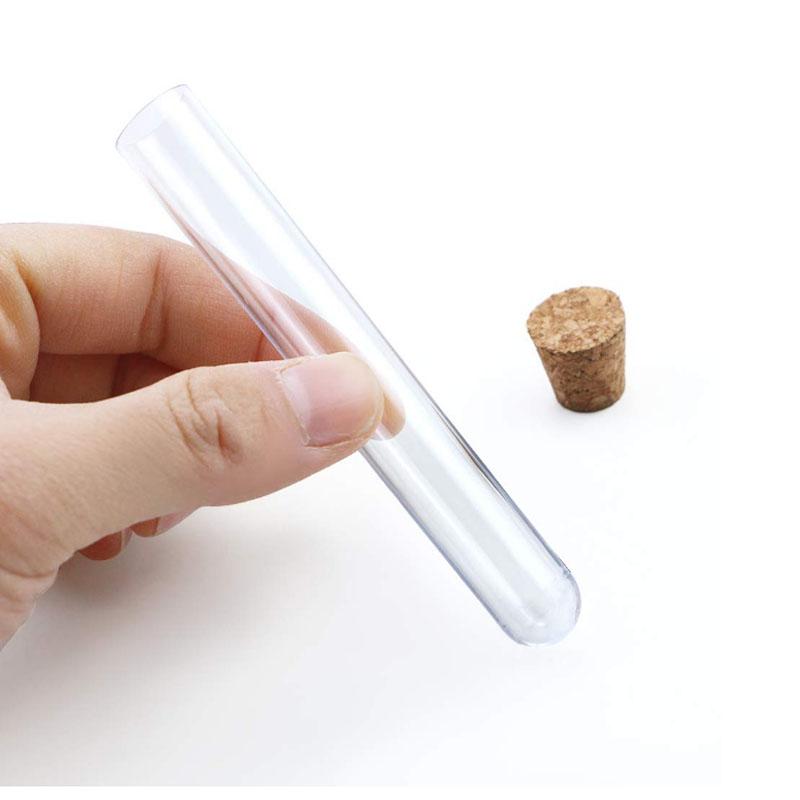 Tubo de ensayo de plástico transparente, accesorio con tapón de corcho, Fondo en forma de U, ideal para laboratorio o recuerdos de boda, especias, 20 piezas