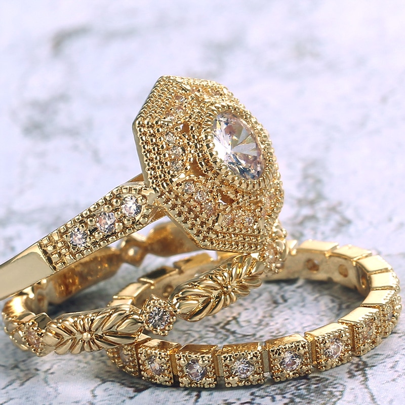 Huitan Trendy Luxe 3 Pc Bridal Ring Sets Nobele Koninklijke Gouden Kleur Met Cubic Zirkonia Steen Fabriek Vrouwen Midi ring