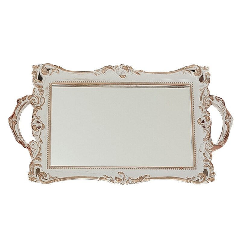 Vintage Rechthoek Decoratief Glas Spiegel Tray Franse Stijl Fruit Sieraden Display Opslag Plaat Desktop Ornamenten Make-Up: WHITE