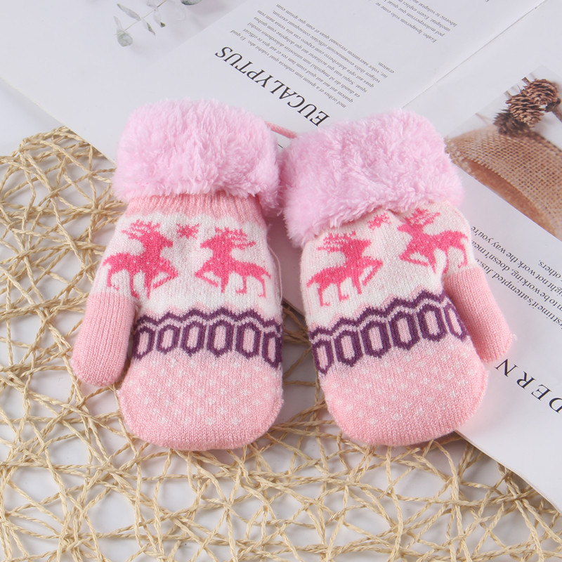 Christmas Toddler Baby Winter Cartoon Deer Velvet Knitted Mittens Gloves Boy Girl Kids Children Outdoor Child Gloves: Pink