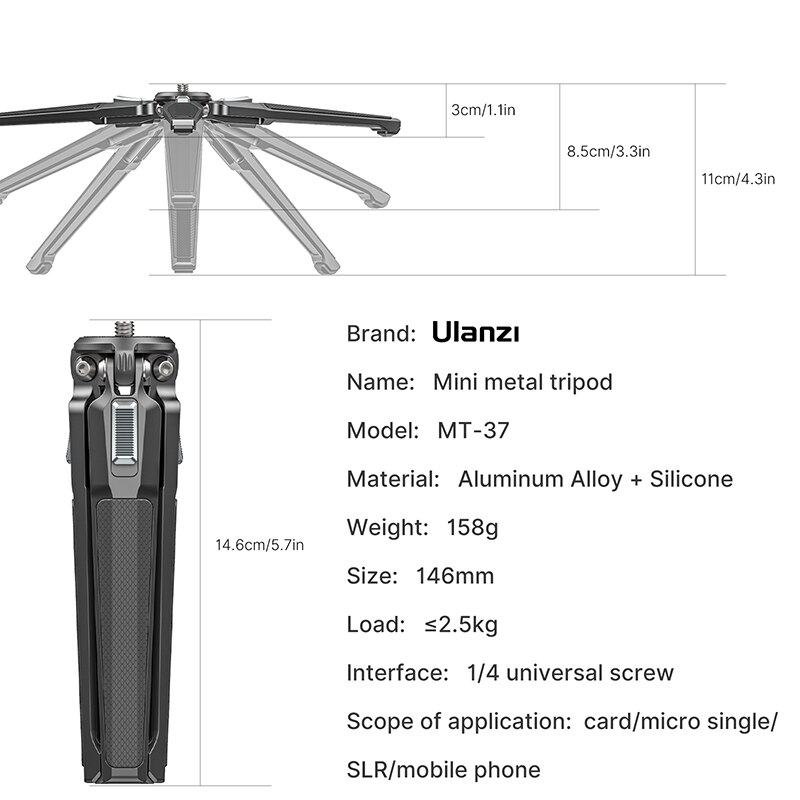Ulanzi MT-37 Metal DSLR Camera Tripod 1/4'' Tripod Monopod Gimbal Stabilizer Accessories for Canon Nikon Sony DSLR