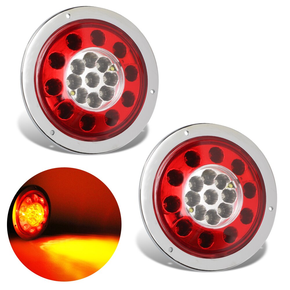 KEYECU Pair 12/24V 4'' 19Led Round Tail Stop Turn and Brake Light Lamp with Chrome Bezel for Trucks JEEP RV