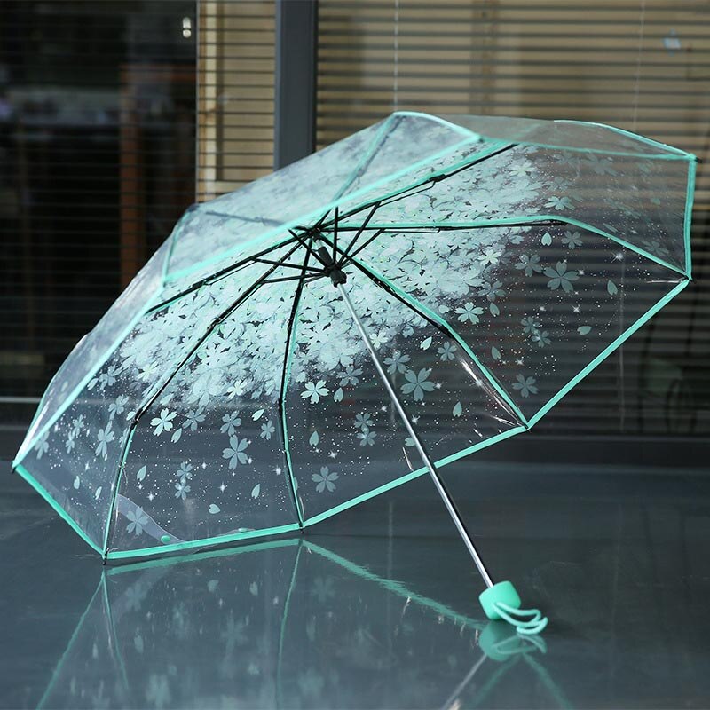 Flor de Cerezo transparente Paraguas de lluvia de las mujeres 3 plegable de La Flor de Sakura Paraguas mujer lluvia herramientas sol sombrilla Paraguas... Paraguas: Dense Sakura green