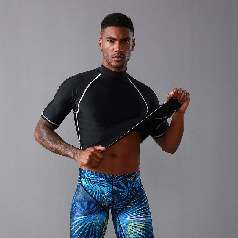 Men Swimwear Rashguard Short Sleeves Swimming Shirts + Boxer