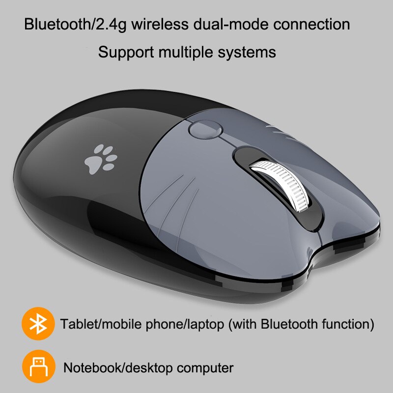 Dual-mode Mouse Wireless Mouse Bluetooth Computer Mouse Cute Cartoon Mice Ergonomic 3D Office Mouse for Kid Girl PC Tablet: Dual mode-Gray Black