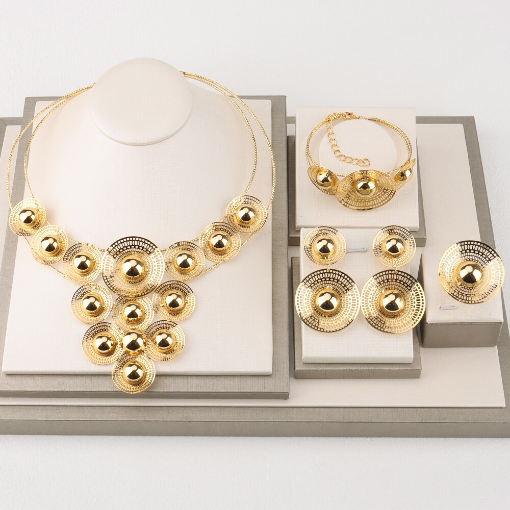 Ensemble de bijoux de mariée de dubaï, fleur de luxe, couleur or, collier rond, boucles d&#39;oreilles, bijoux de mariage, bague, bague, Nigeria: SMT250