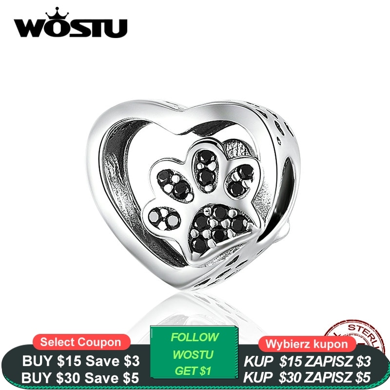 WOSTU 925 Sterling Silver Heart Dog Paw Beads Black Enamel Zircon Charm Fit Original Bracelet DIY Jewelry Making CQC1191-BK