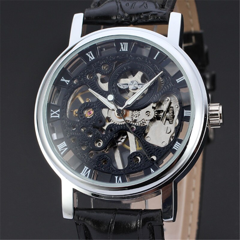 Brand Winner Casual Rvs Mannen Mechanische Horloge Skeleton Hand Wind Horloge Voor Mannen Dress Horloge: Black